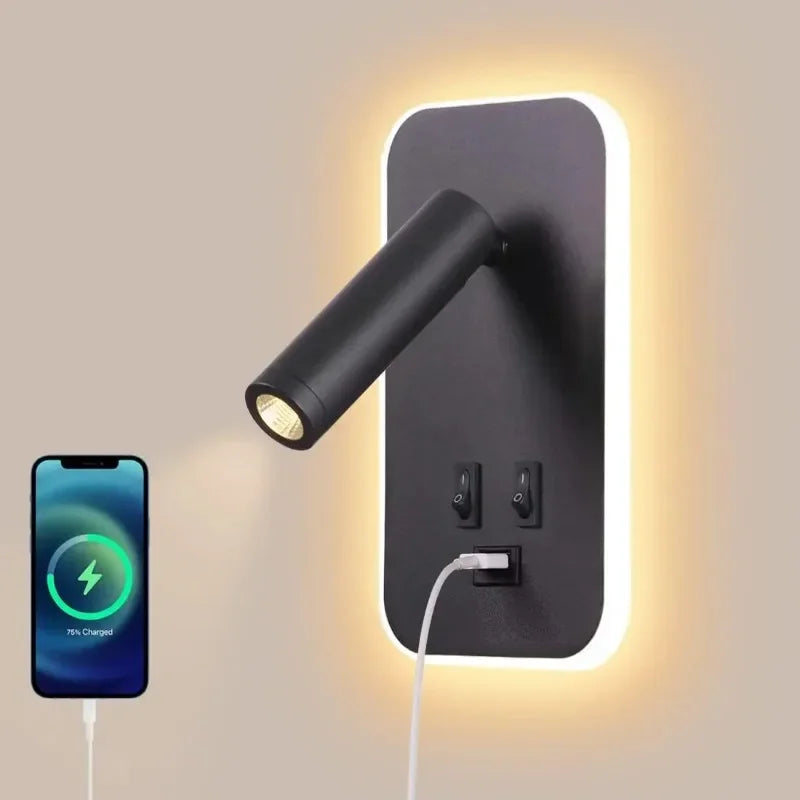 Bedside Wall Lamp, LED Wall Light, Wall Mounted Reading Light with Switch and USB Port