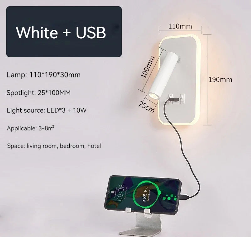 Bedside Wall Lamp, LED Wall Light, Wall Mounted Reading Light with Switch and USB Port