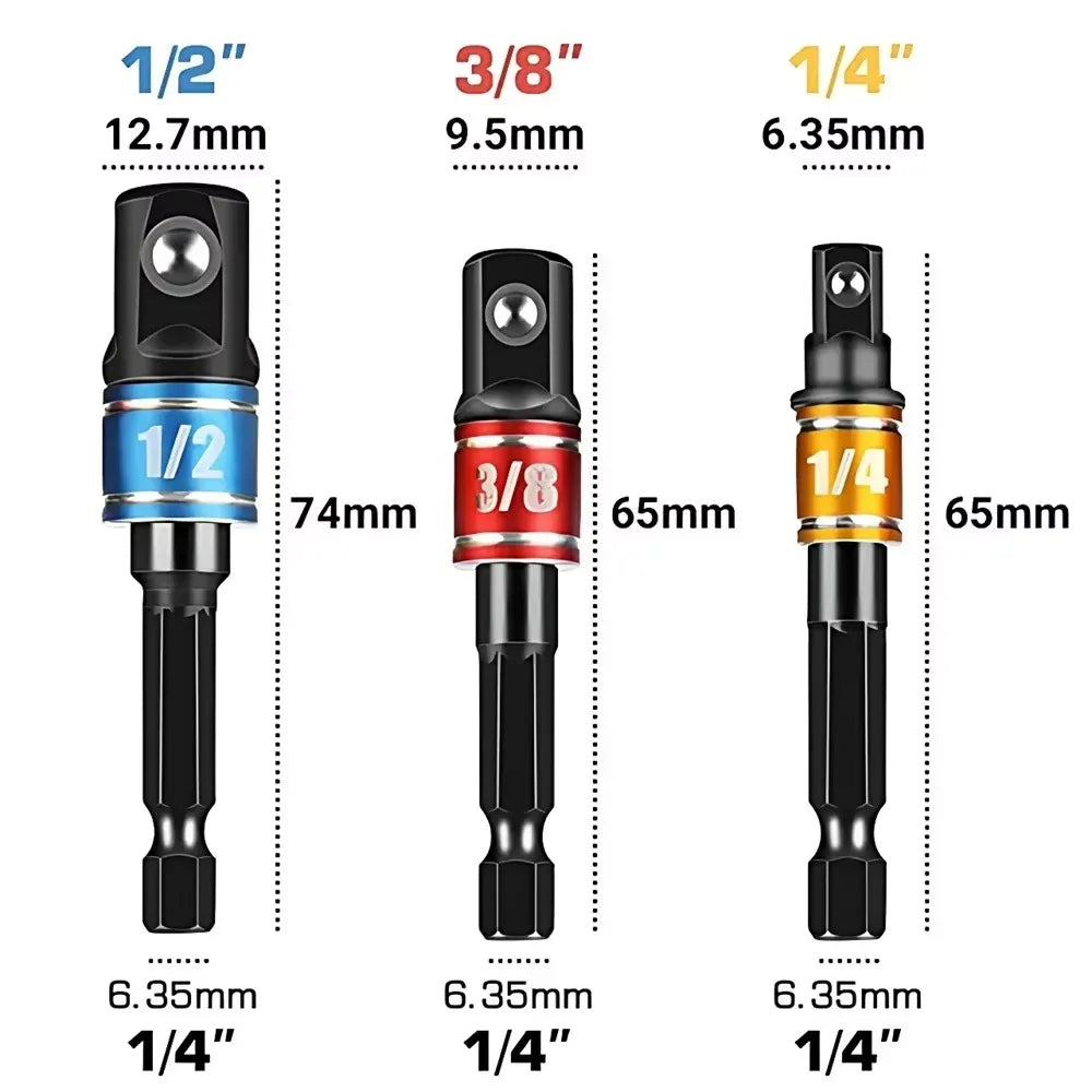 Drill Socket Adapter Set – 1/4", 3/8" & 1/2"