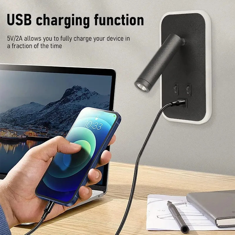 Bedside Wall Lamp, LED Wall Light, Wall Mounted Reading Light with Switch and USB Port