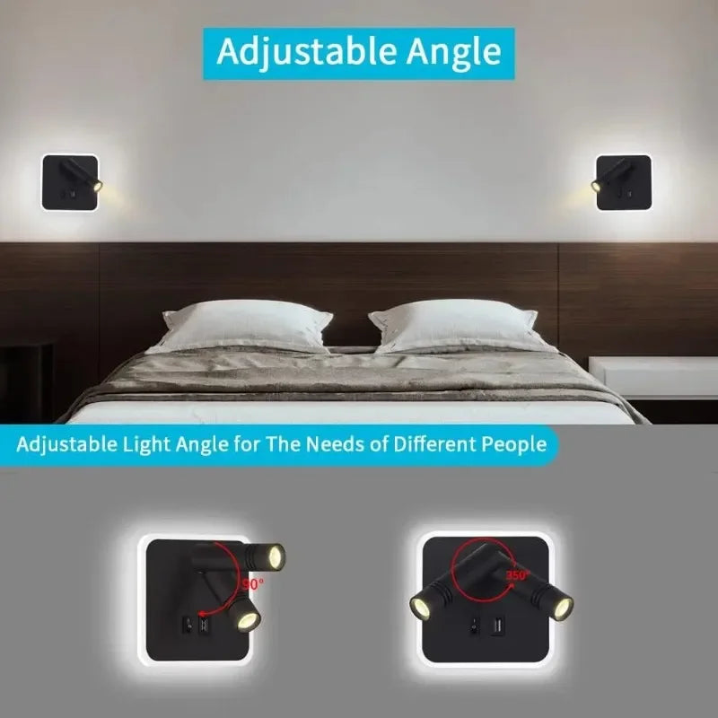 Bedside Wall Lamp, LED Wall Light, Wall Mounted Reading Light with Switch and USB Port