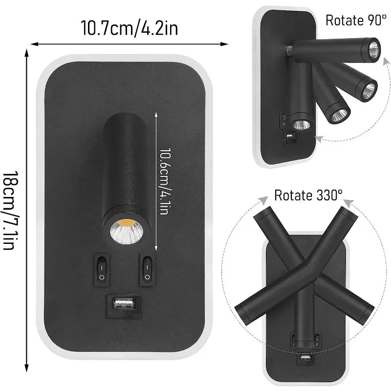 Bedside Wall Lamp, LED Wall Light, Wall Mounted Reading Light with Switch and USB Port