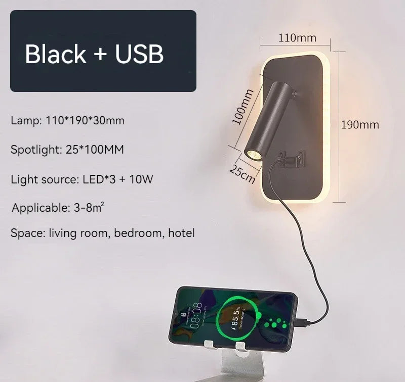 Bedside Wall Lamp, LED Wall Light, Wall Mounted Reading Light with Switch and USB Port