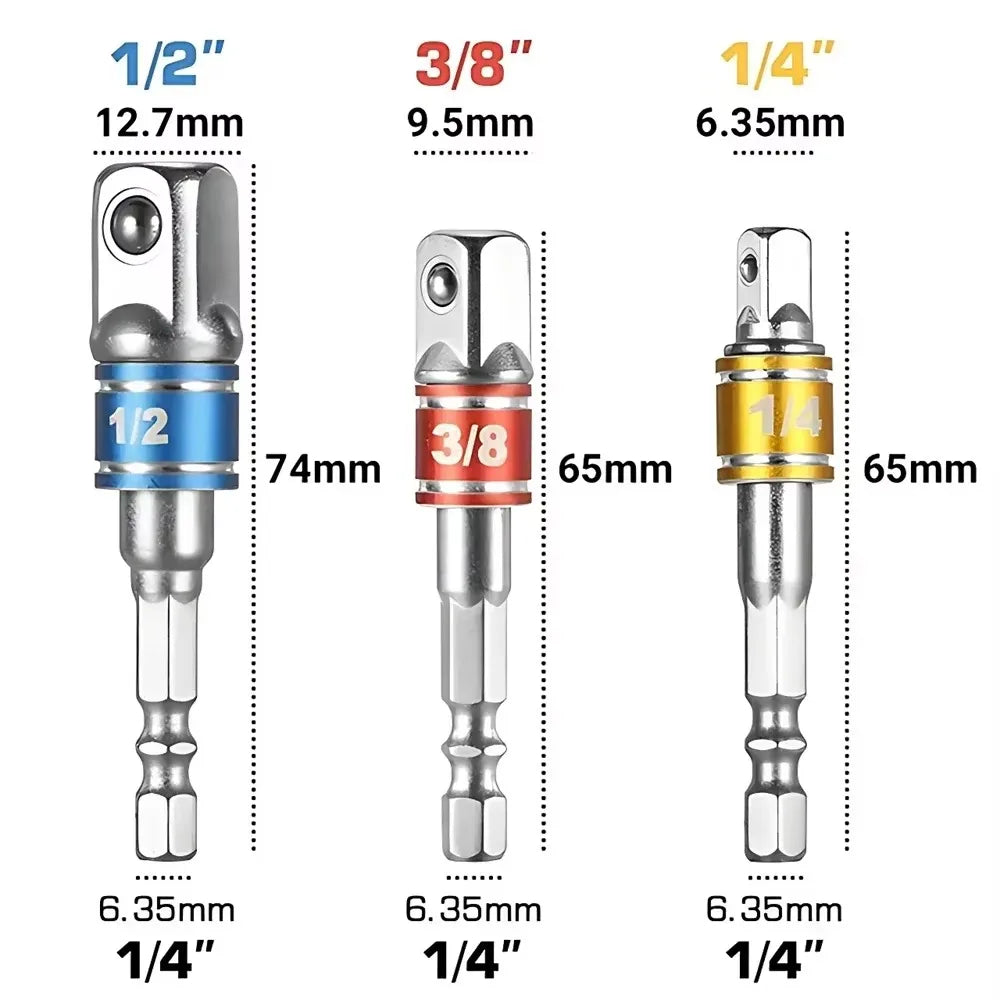 Drill Socket Adapter Set – 1/4", 3/8" & 1/2"