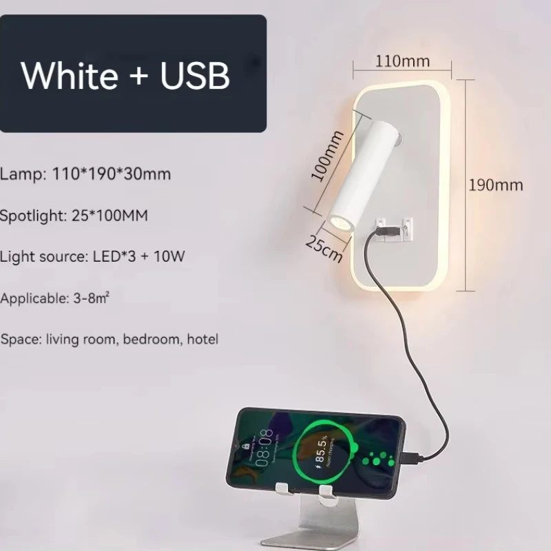 Bedside Wall Lamp, LED Wall Light, Wall Mounted Reading Light with Switch and USB Port